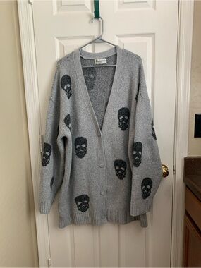 No Boundaries Gray Cardigan with Black Skull Motif